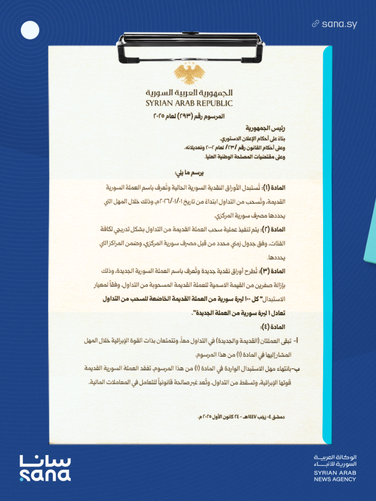 نشر مرسوم إطلاق العملة السورية الجديدة